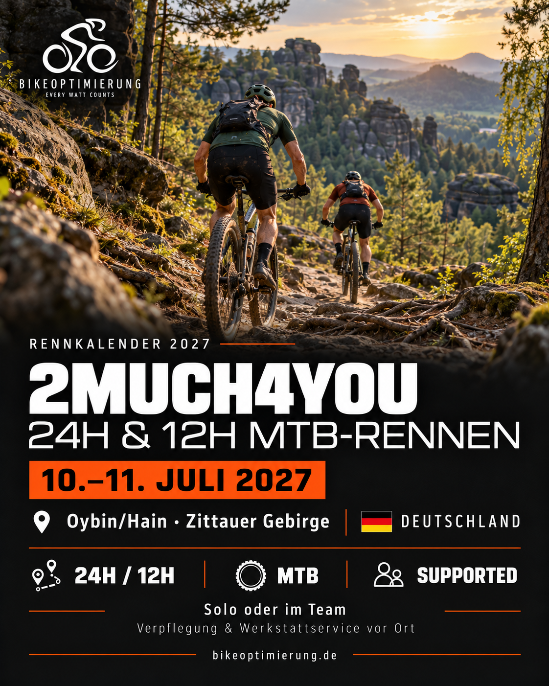 Rennkalender-Grafik zu 2MUCH4YOU MTB am 10.–11. Juli 2027 in Oybin/Hain mit 24h- und 12h-Format