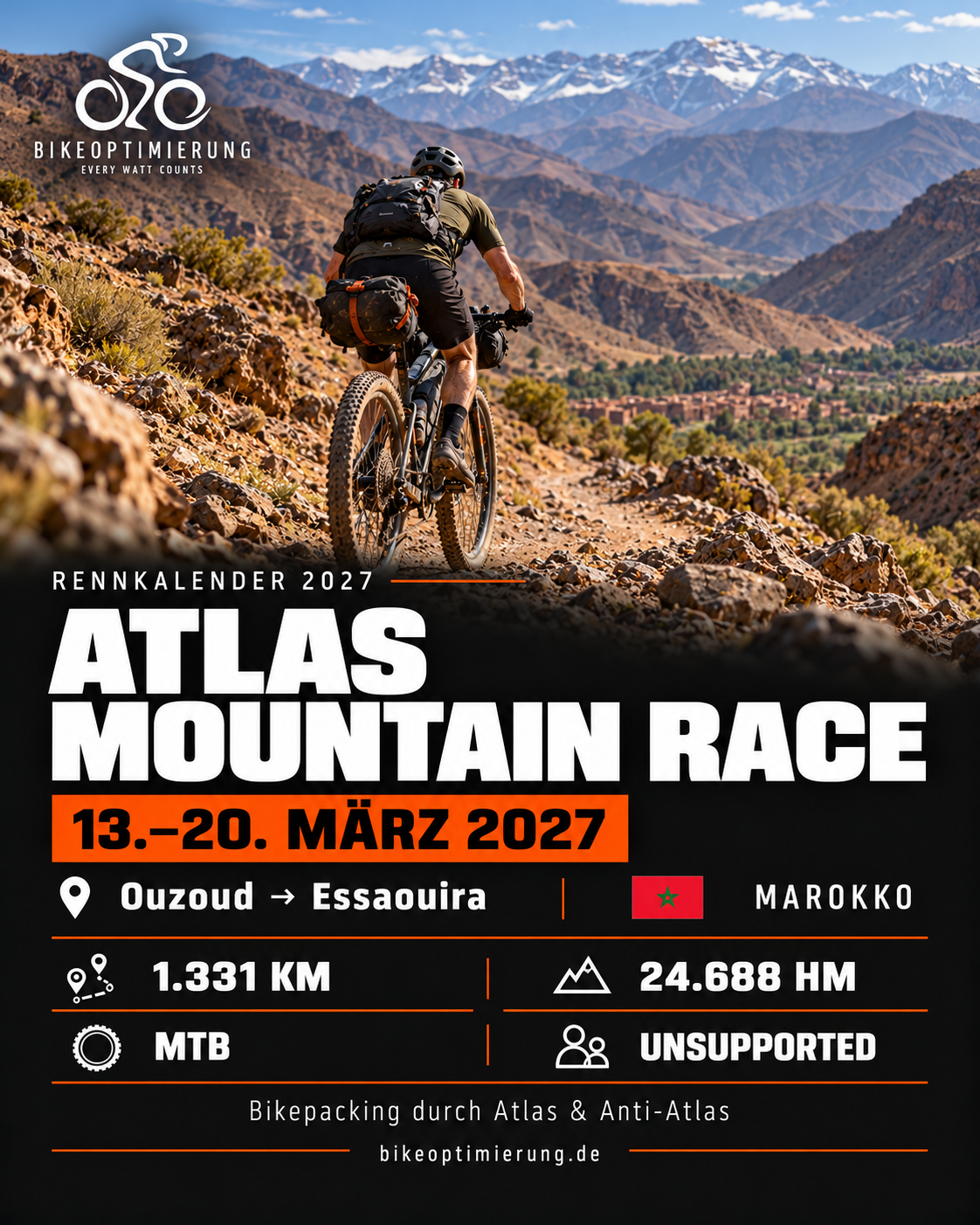 Rennkalender-Grafik zum Atlas Mountain Race vom 13.–20. März 2027 in Marokko.