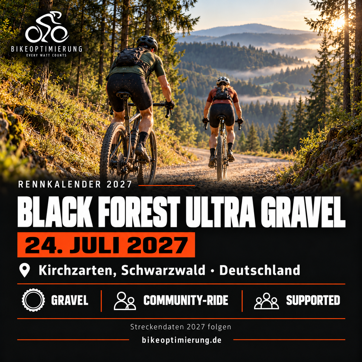 Rennkalenderbild Black Forest ULTRA Gravel 2027 mit Gravel-Fahrern, Termin 24. JULI 2027, Kirchzarten, Schwarzwald.