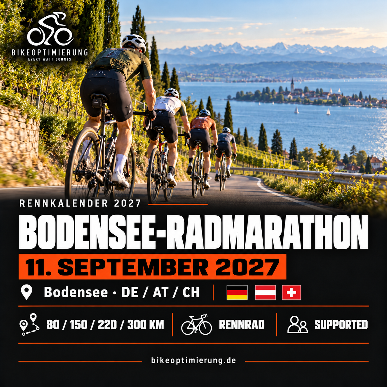 Rennkalenderbild Bodensee-Radmarathon 2027 mit Rennradfahrern, Termin 11. SEPTEMBER 2027, Altenrhein, Tägerwilen, Stein am Rhein, Meersburg oder Kressbronn.