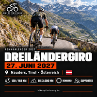 Rennkalenderbild Dreiländergiro 2027 mit Rennradfahrern, Termin 27. JUNI 2027, Nauders, Tirol.