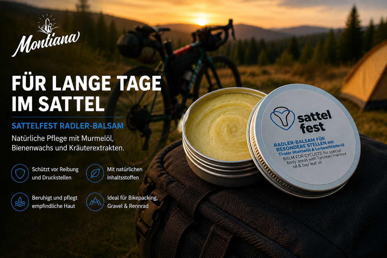Montiana Sattelfest Radlerbalsam für Bikepacking, Ultracycling und lange Tage im Sattel