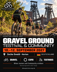 Eventkarte Gravel Ground 2027 mit Gravelbikern vor Industriekulisse, Zeche Ewald in Herten, 10.–12. September.
