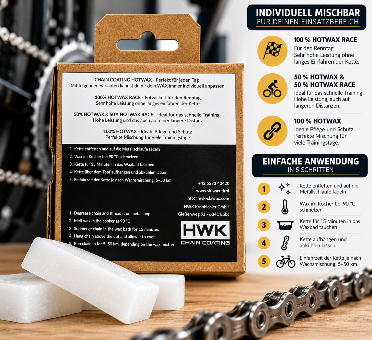 HWK Chain Coating Hotwax Base 130 g mit Anleitung zum Heißwachsen und Mischmöglichkeiten mit Hotwax Race für Fahrradketten