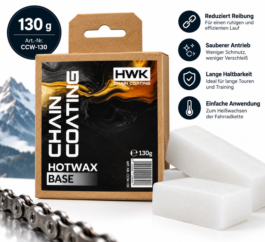 HWK Chain Coating Hotwax Base 130 g Heißwachs für Fahrradketten mit Wachsblöcken und Fahrradkette