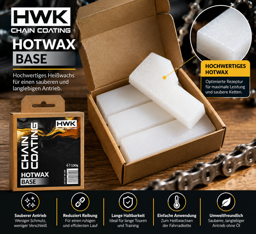 HWK Chain Coating Hotwax Base 130 g mit weißen Heißwachsblöcken für Fahrradketten