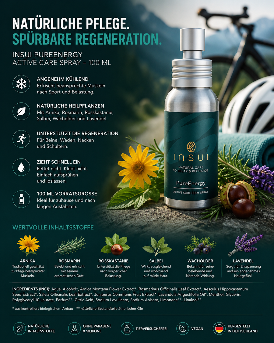 INSUI PureEnergy Active Care Spray 100 ml mit Arnika, Rosmarin, Rosskastanie, Salbei, Wacholder und Lavendel zur Regeneration nach dem Radfahren