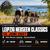 Rennkalenderbild LEIPZIG neuseen classics 2027 mit Rennradfahrern, Termin 13. JUNI 2027, Alte Messe Leipzig.