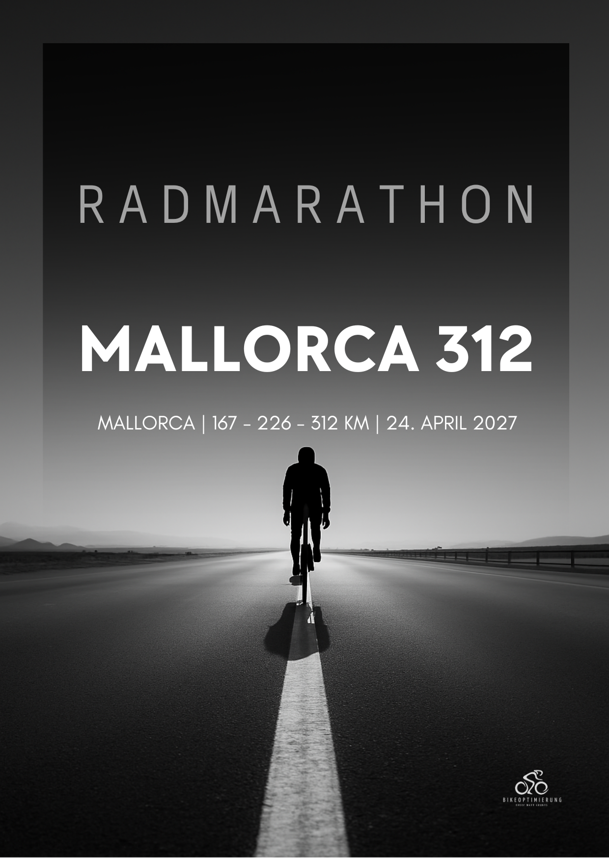 Rennkalender-Grafik zur Mallorca 312 am 24. April 2027 mit den Distanzen 167, 226 und 312 km