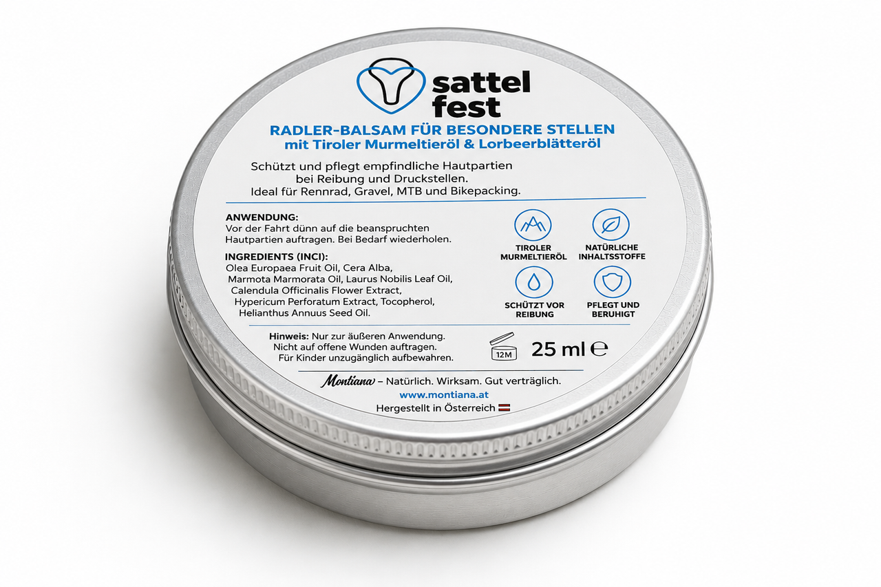 Rückseite des Montiana Sattelfest Radlerbalsams 25 ml mit Inhaltsstoffen, Anwendungshinweisen und Produktinformationen
