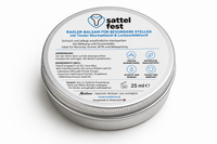 Rückseite des Montiana Sattelfest Radlerbalsams 25 ml mit Inhaltsstoffen, Anwendungshinweisen und Produktinformationen