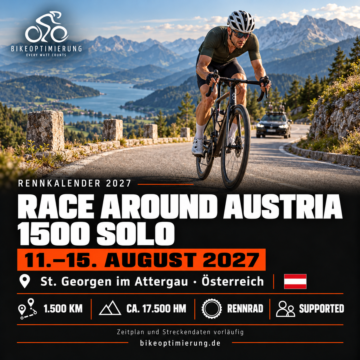 Rennkalenderbild Race Around Austria – 1500 Solo 2027 mit Rennradfahrern, Termin 11.–15. AUGUST 2027, St. 