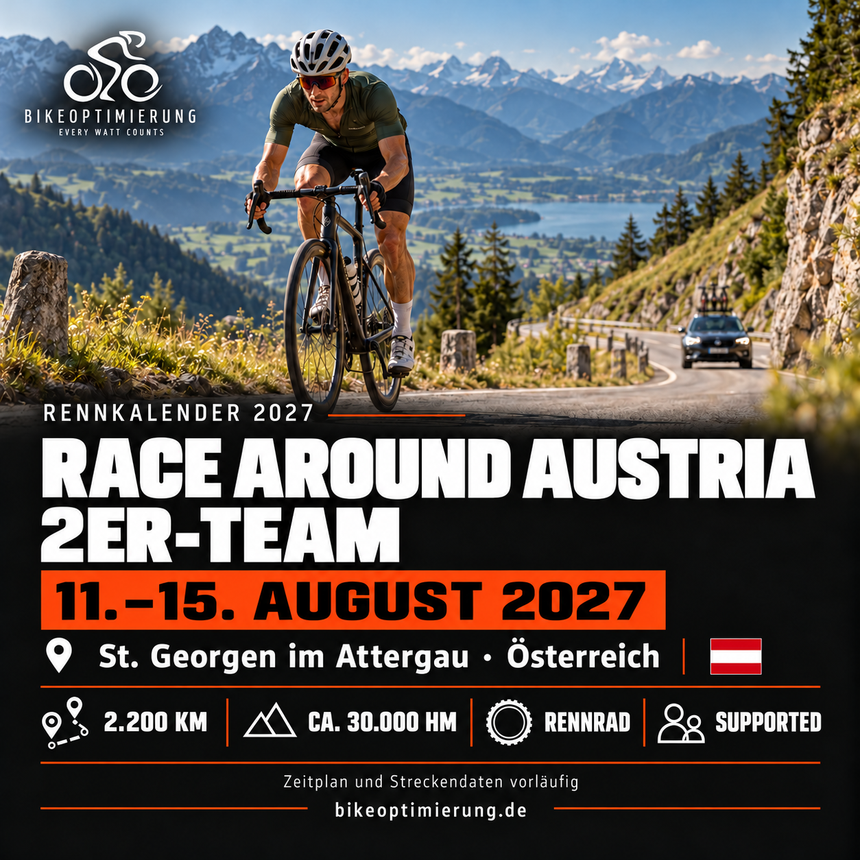 Rennkalenderbild Race Around Austria – 2er-Team 2027 mit Rennradfahrern, Termin 11.–15. AUGUST 2027, St. Georgen im Attergau.