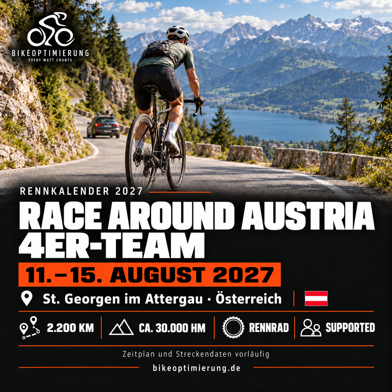 Rennkalenderbild Race Around Austria – 4er-Team 2027 mit Rennradfahrern, Termin 11.–15. AUGUST 2027, St. Georgen im Attergau.