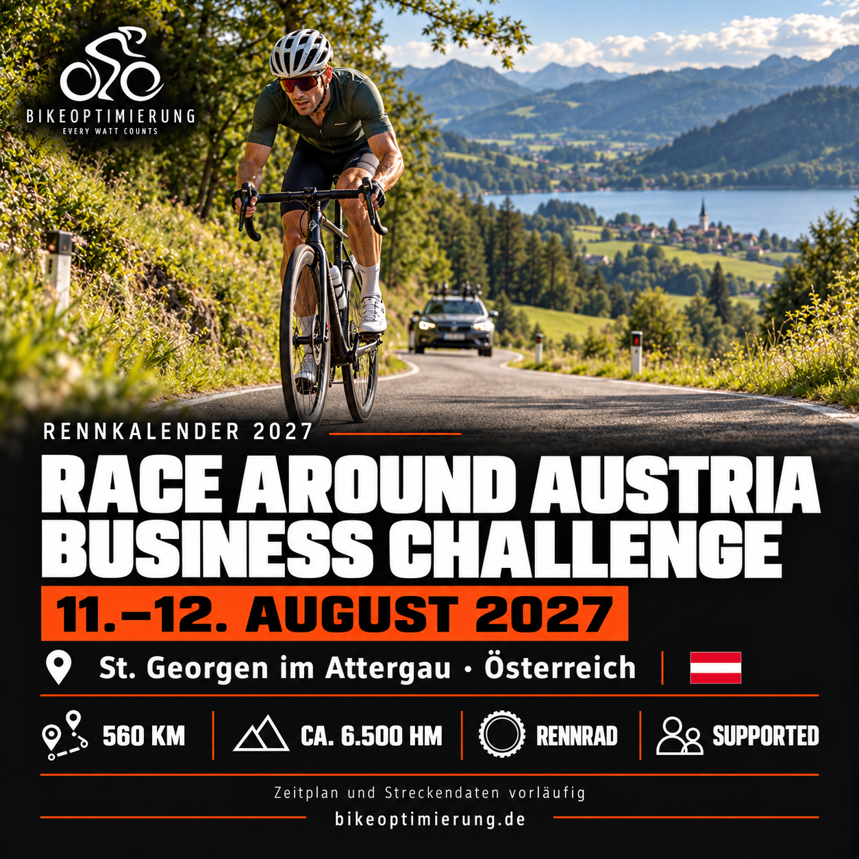 Rennkalenderbild Race Around Austria – Business Challenge 2027 mit Rennradfahrern, Termin 11.–12. AUGUST 2027, St. Georgen im Attergau.