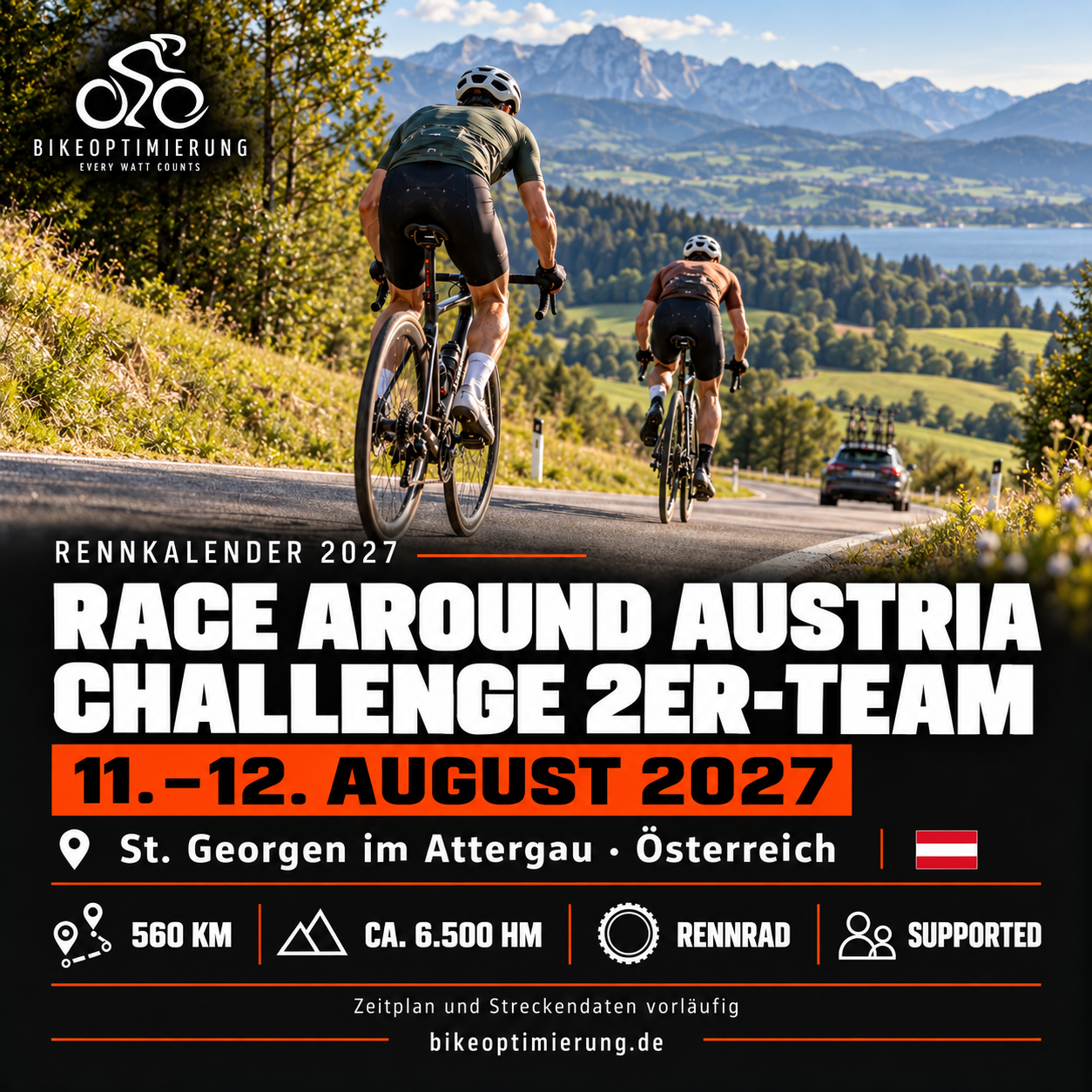 Rennkalenderbild Race Around Austria – Challenge 2er-Team 2027 mit Rennradfahrern, Termin 11.–12. AUGUST 2027, St. Georgen im Attergau.