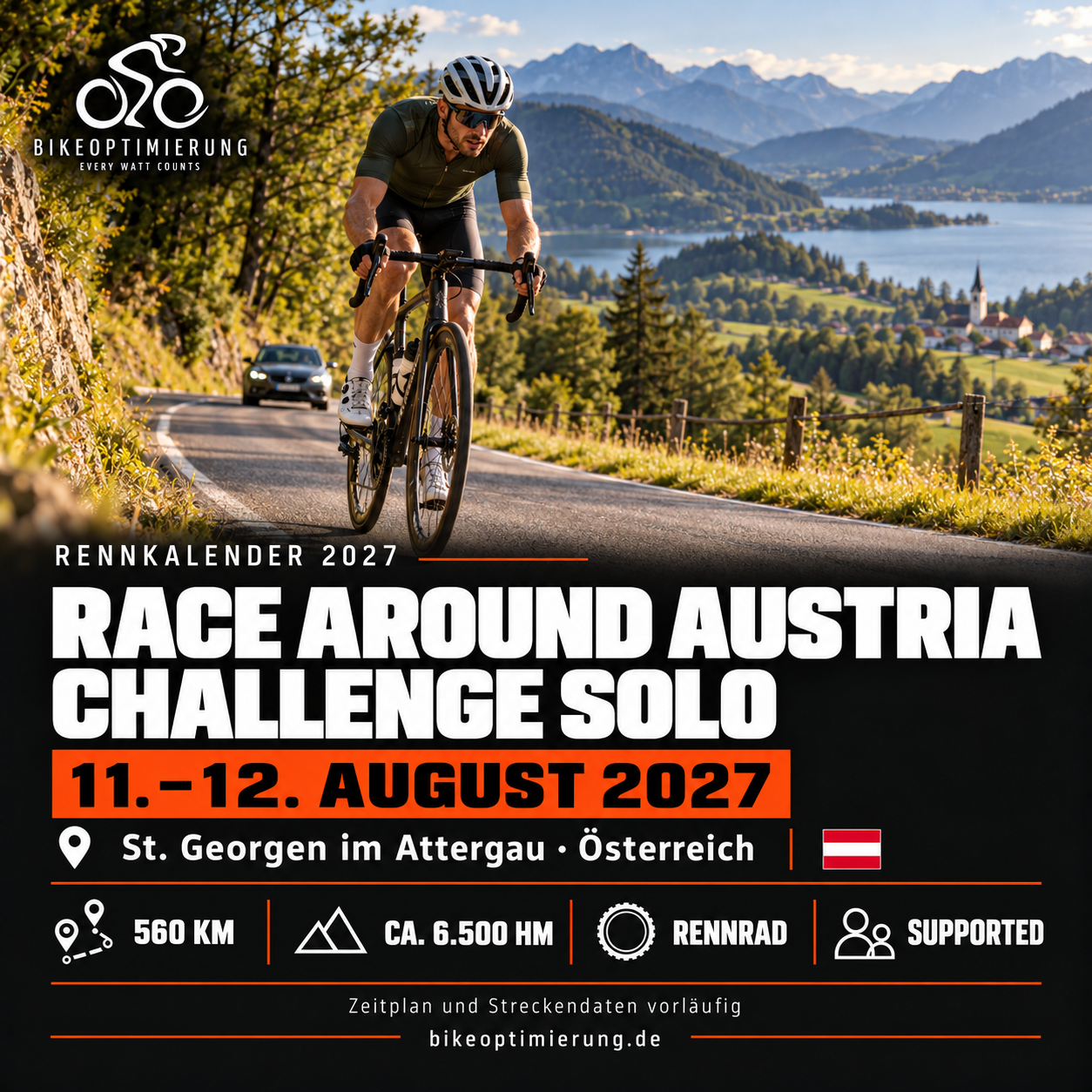 Rennkalenderbild Race Around Austria – Challenge Solo 2027 mit Rennradfahrern, Termin 11.–12. AUGUST 2027, St. Georgen im Attergau.