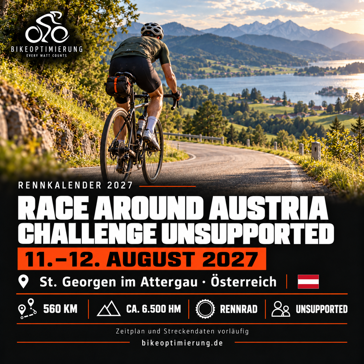 Rennkalenderbild Race Around Austria – Challenge Unsupported 2027 mit Rennradfahrern, Termin 11.–12. AUGUST 2027, St. Georgen im Attergau.