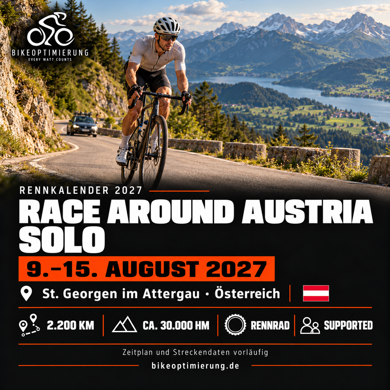 Rennkalenderbild Race Around Austria – Extreme Solo 2027 mit Rennradfahrern, Termin 9.–15. AUGUST 2027, St. Georgen im Attergau.