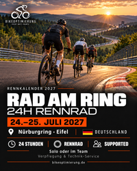 Rennkarte Rad am Ring 2027 mit Rennradfahrern am Nürburgring, Termin 24.–25. Juli und 24h-Format.
