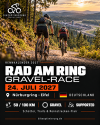 Rennkarte Rad am Ring Gravel 2027 mit Gravelbikern, Termin 24. Juli und Distanzen 50 und 100 km.