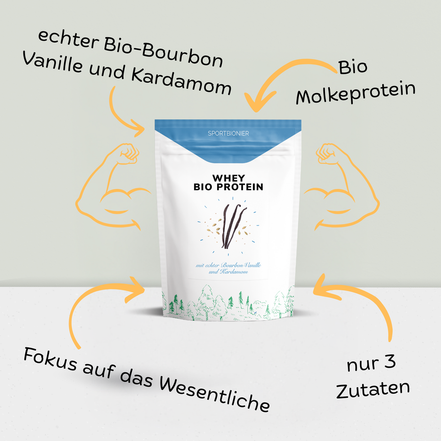 SPORTBIONIER Whey Bio Protein mit echter Bio-Bourbon-Vanille, Kardamom und Bio-Molkeprotein – Proteinpulver mit nur drei Zutaten.