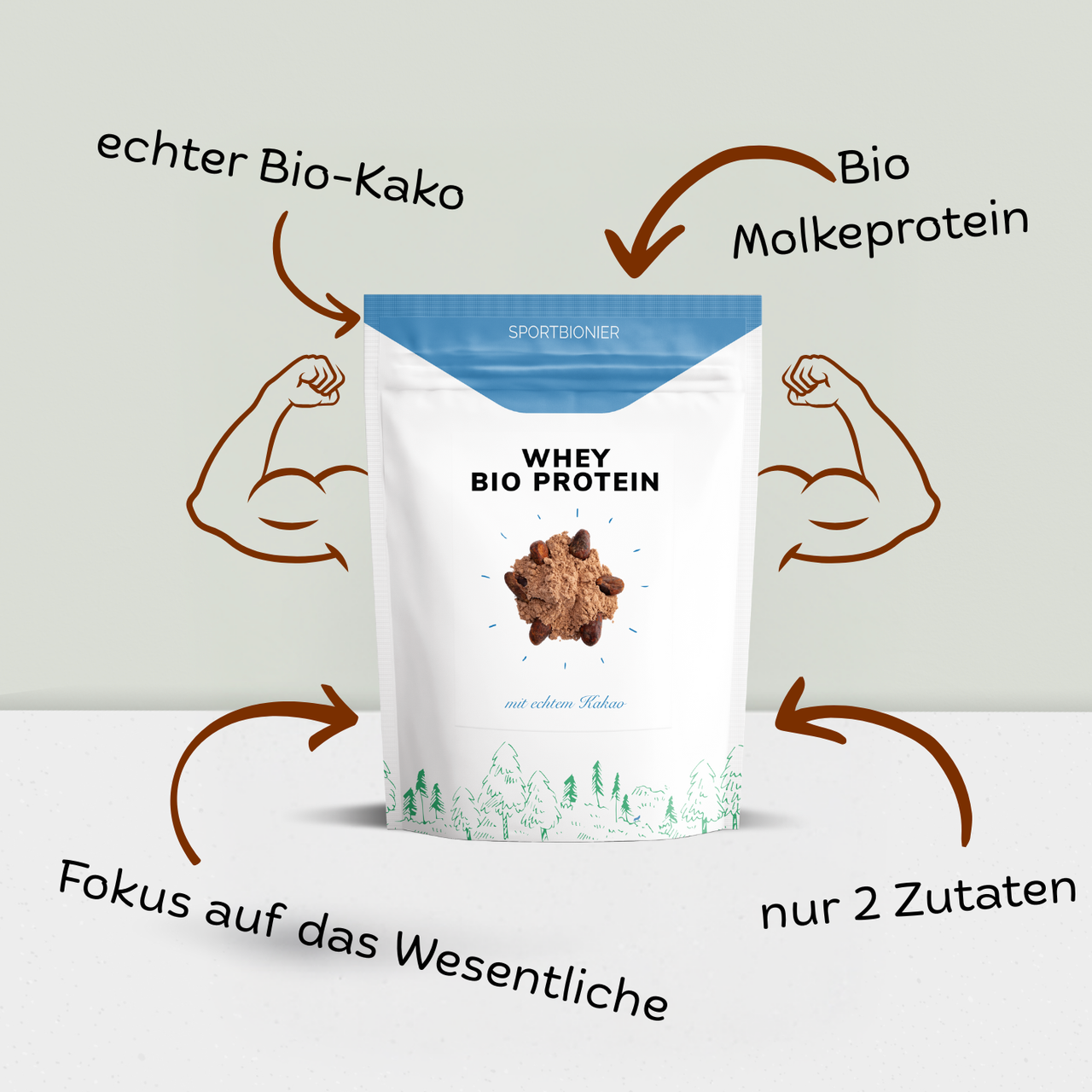 SPORTBIONIER Whey Bio Protein mit echtem Bio-Kakao und Bio-Molkeprotein – Proteinpulver mit nur zwei Zutaten.