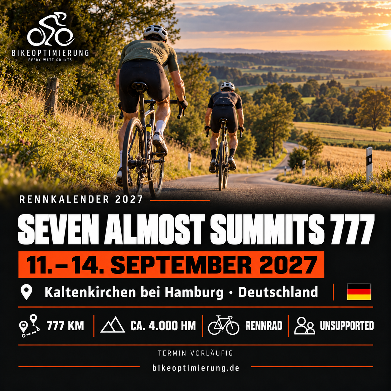 Rennkalenderbild Seven Almost Summits 777 2027 mit Rennradfahrern, Termin 11.–14. SEPTEMBER 2027, Kaltenkirchen bei Hamburg.