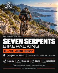 Rennkarte Seven Serpents 2027 mit Bikepacker an der Adriaküste, Termin 6.–13. Juni, 1.000 km und 18.000 hm.