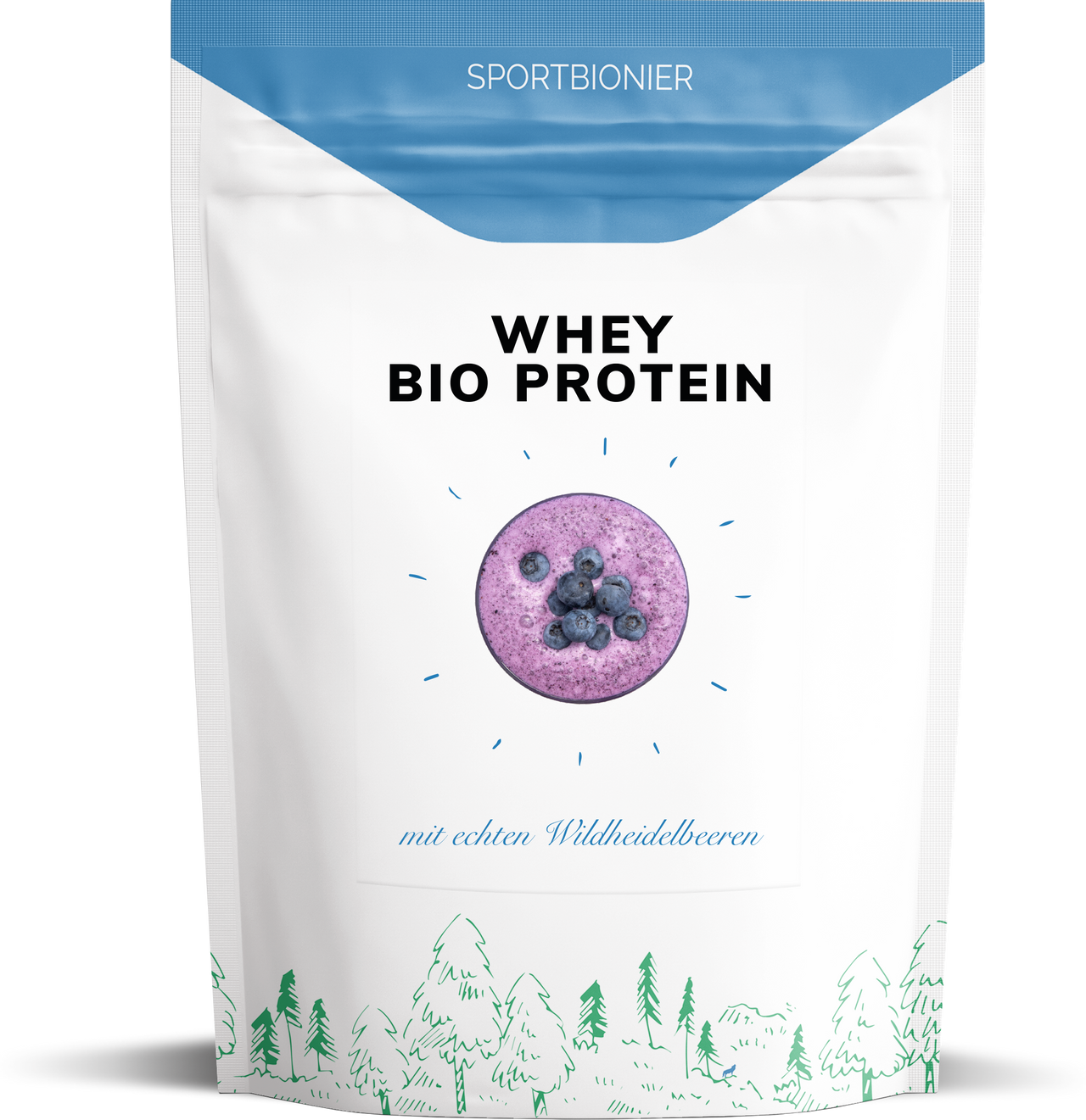 Sportbionier Bio Molkenprotein Wildheidelbeere – Beutel Vorderseite, hochwertiges 2-Zutaten Proteinpulver