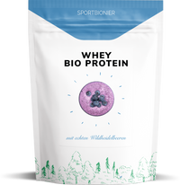 Sportbionier Bio Molkenprotein Wildheidelbeere – Beutel Vorderseite, hochwertiges 2-Zutaten Proteinpulver