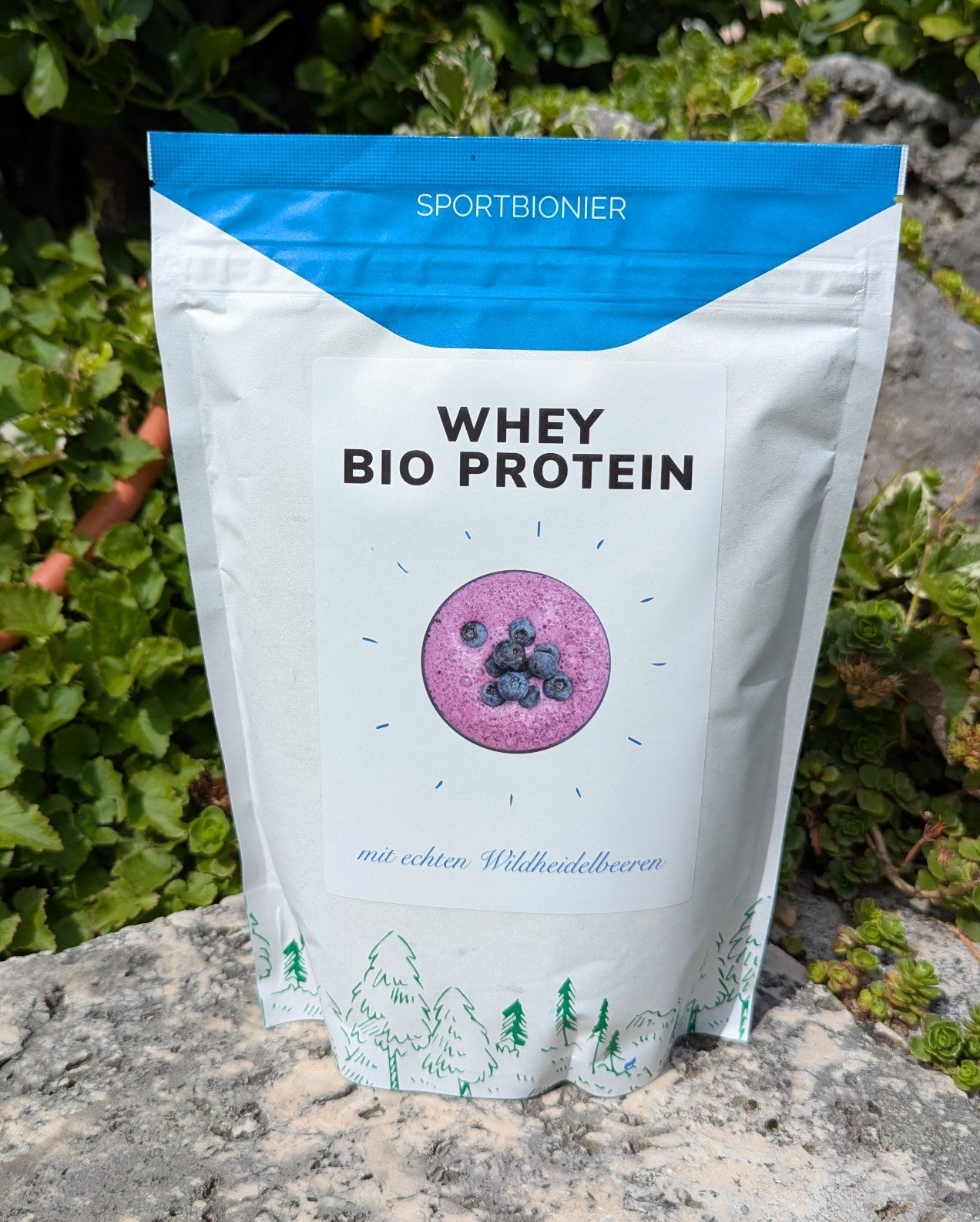 Bio Molkenprotein Wildheidelbeere von Sportbionier im Garten fotografiert – natürliches Proteinpulver mit nur zwei Zutaten