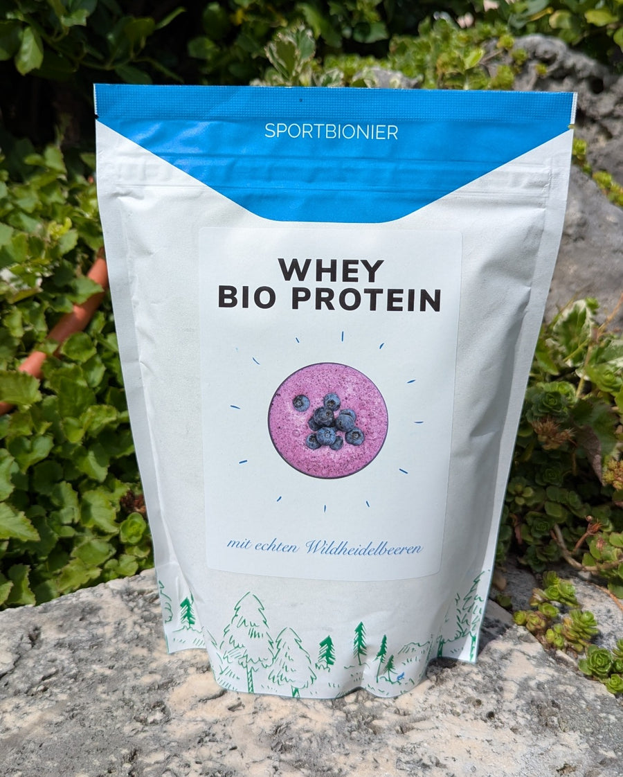 Bio Molkenprotein Wildheidelbeere von Sportbionier im Garten fotografiert – natürliches Proteinpulver mit nur zwei Zutaten