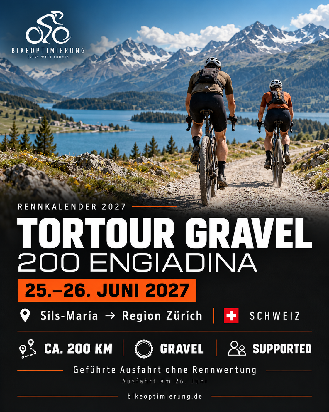 Eventkalender-Grafik zur TORTOUR Gravel 200 Engiadina am 25.–26. Juni 2027 in der Schweiz.