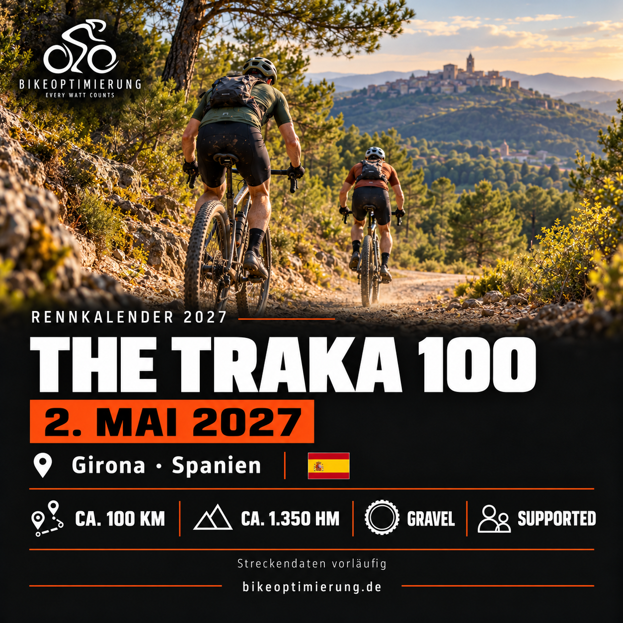 Gravel-Rennen The Traka 100 2027 in Girona, Spanien, über 100 Kilometer und 1350 Höhenmeter.