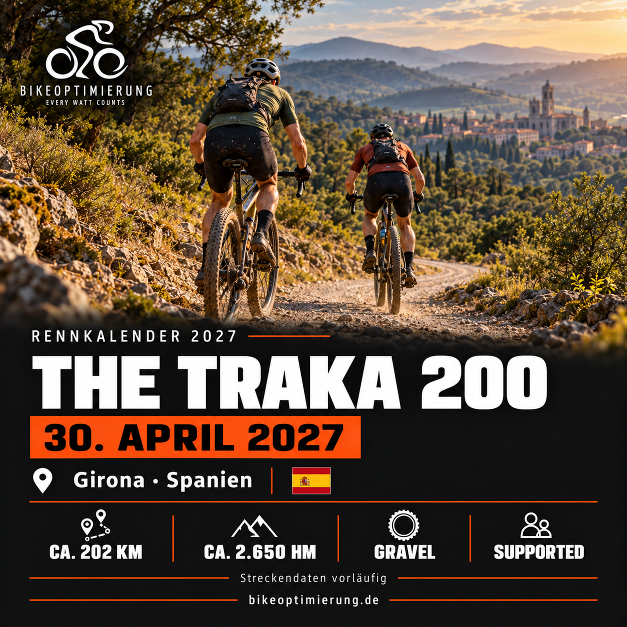 Gravel-Rennen The Traka 200 2027 in Girona, Spanien, über 202 Kilometer und 2650 Höhenmeter.
