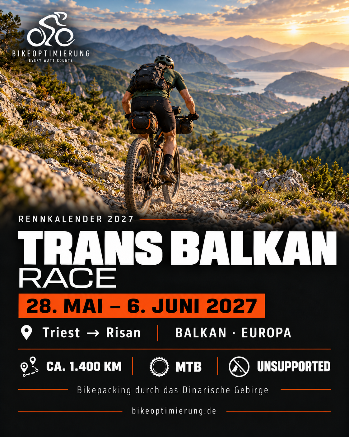 Rennkarte Trans Balkan Race 2027 mit Mountainbike-Bikepacker, Termin 28. Mai–6. Juni und ca. 1.400 Kilometern.
