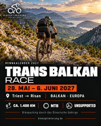 Rennkarte Trans Balkan Race 2027 mit Mountainbike-Bikepacker, Termin 28. Mai–6. Juni und ca. 1.400 Kilometern.
