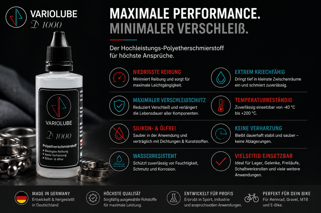 Variolube D1000 Hochleistungsschmierstoff mit Vorteilen wie niedriger Reibung, Verschleißschutz, Wasserresistenz und Temperaturbeständigkeit für Fahrradlager