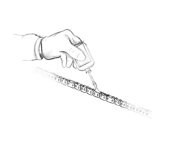 Zeichnung des präzisen Auftragens der Variolube D200 Kettenschmierung auf eine Fahrradkette