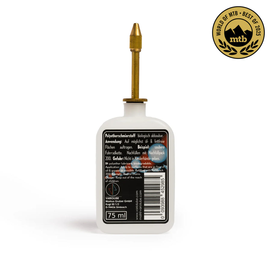 Rückseite der Variolube D200 Kettenschmierung mit Inhaltsangaben und Anwendungshinweisen