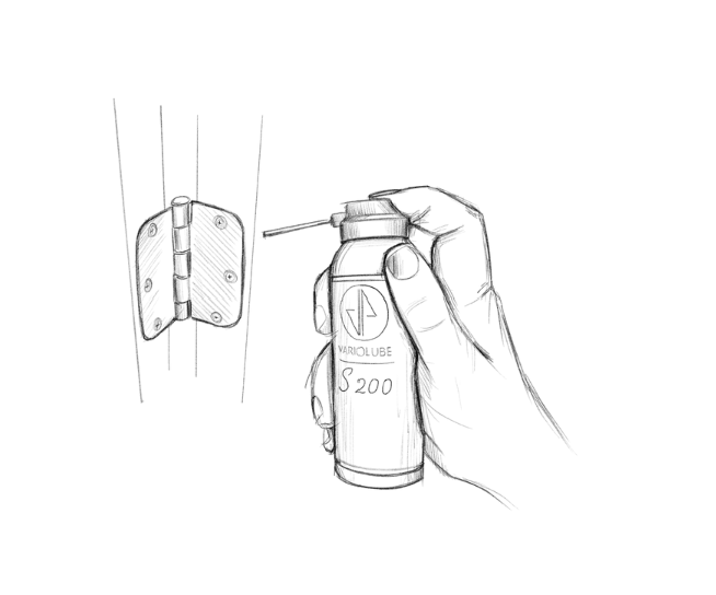 Zeichnung der Anwendung des Variolube S200 Allround Sprays an einem Metallscharnier