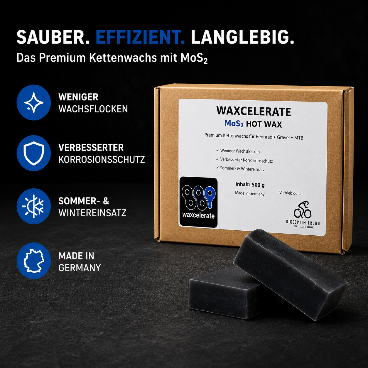 Waxcelerate MoS2 Hot Wax Kettenwachs mit weniger Wachsflocken, verbessertem Korrosionsschutz und Einsatz im Sommer und Winter