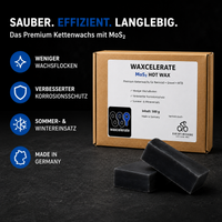 Waxcelerate MoS2 Hot Wax Kettenwachs mit weniger Wachsflocken, verbessertem Korrosionsschutz und Einsatz im Sommer und Winter