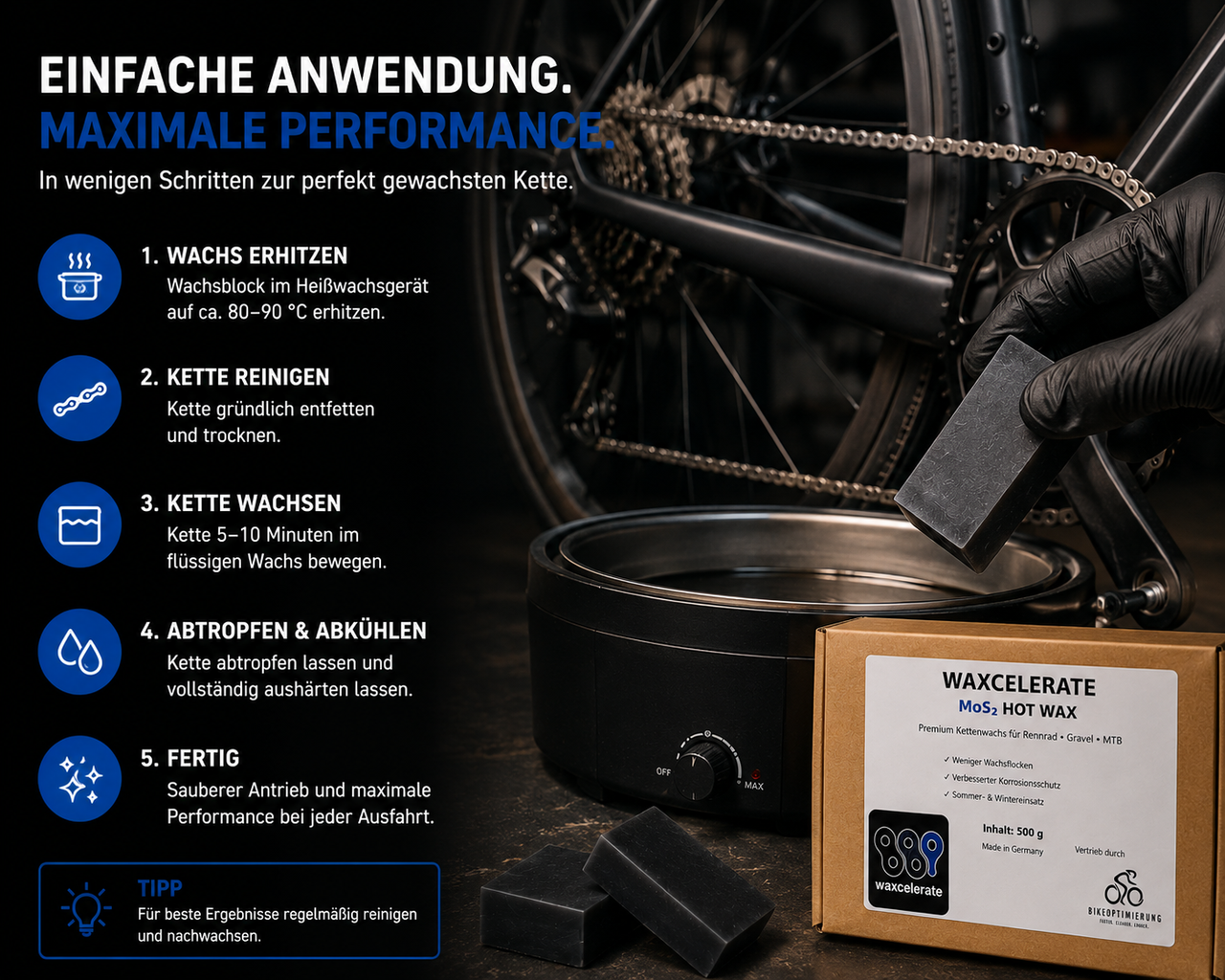 Waxcelerate MoS₂ Hot Wax 500 g – Premium Heißwachs für Fahrradketten – Bikeoptimierung