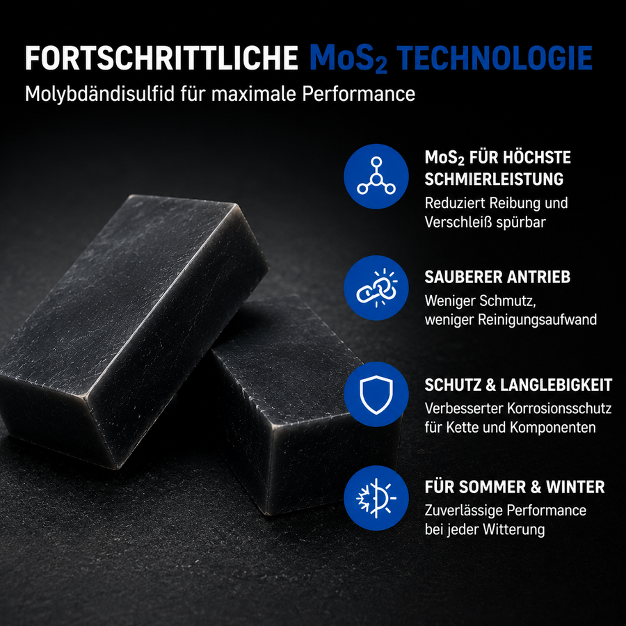 Waxcelerate MoS2 Hot Wax Kettenwachs mit Molybdändisulfid für maximale Schmierleistung, sauberen Antrieb und verbesserten Korrosionsschutz
