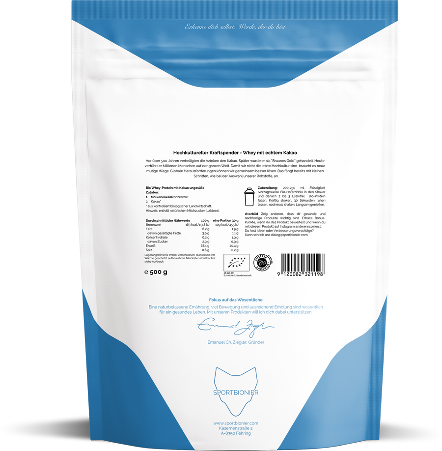 Sportbionier Bio Molkenprotein Kakao – Natürliches Whey Protein ohne Zusätze
