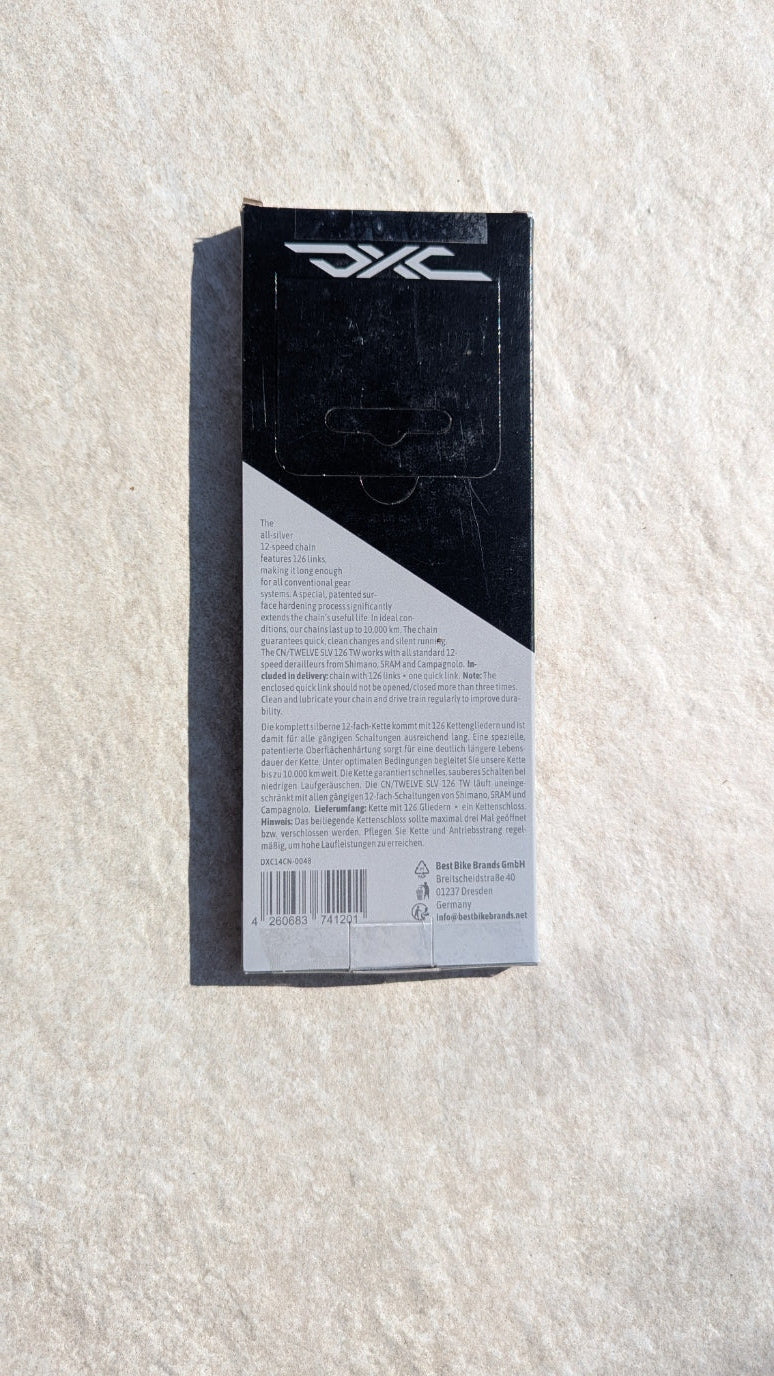 Verpackungsrückseite komplett der CN/Twelve SLV 126 TW Kette mit Produktbeschreibung, Lieferumfang und Herstellerinformationen - Molten Speed Wachs