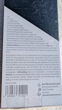 Rückseite der Cycling Components CN/Twelve SLV 126 TW 12-fach Fahrradkettenverpackung mit technischen Angaben und EAN