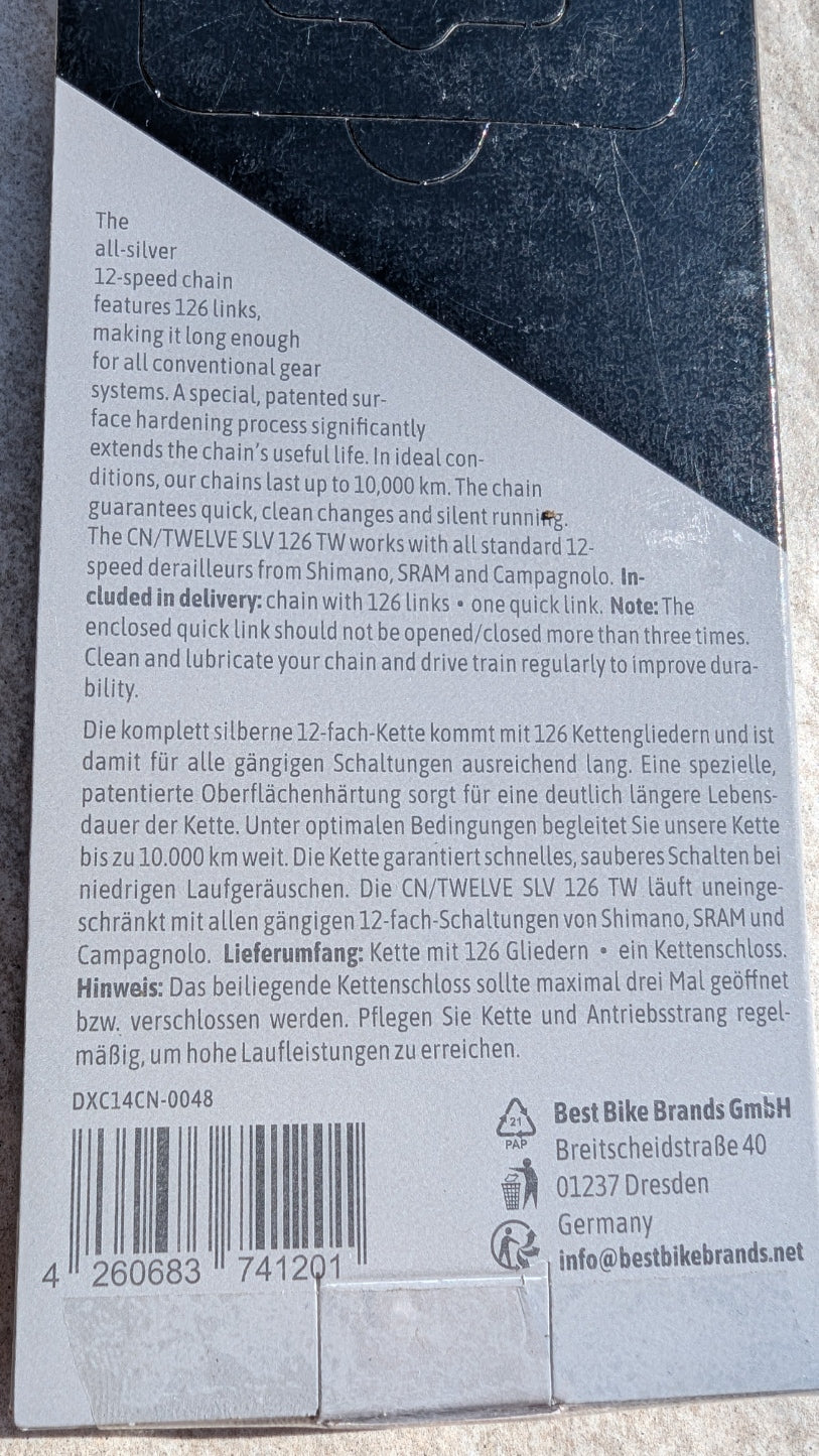 Rückseite der Cycling Components CN/Twelve SLV 126 TW 12-fach Fahrradkettenverpackung mit technischen Angaben und EAN